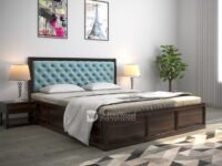 DRIFTINGWOOD Dolvi Solid Sheesham Wood Queen Size Bed with Storage | Wooden Double Bed Cot Bed with Box Storage & Matt Cyan Velvet Upholstered Cushioned Headboard for Bedroom | Walnut Finish