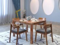 DRIFTINGWOOD Liana Dining Table 4 Seater | Four Seater Dinning Table with 4 Chairs with Grey Cushions for Home | Rosewood, Natural Finish, Self Assembly(DIY)