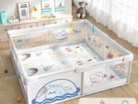 Dawnwake 150x180 cm Playard with Ocean Balls and Anti-Fall Grasp Rings, Large Playpen for Baby up to 5 Years with Safety Lock (NO Mat/Cushion, Non-Foldable) - Grey