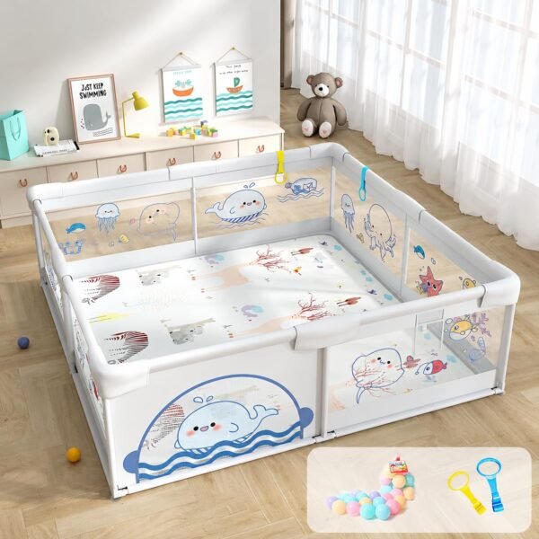 Dawnwake 150x180 cm Playard with Ocean Balls and Anti-Fall Grasp Rings, Large Playpen for Baby up to 5 Years with Safety Lock (NO Mat/Cushion, Non-Foldable) - Grey
