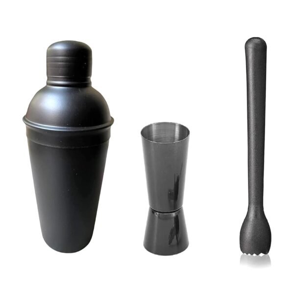 Dynore Stainless Steel 3 Pcs Bartender Set - Full Matte Black Cocktail Shaker - 750 ml, Black Muddler, Tall Peg Measure - 30/60 ml