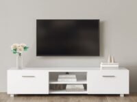 Engineered Wood Tv Stand For 55 60 65 70 Inch Tv Entertainment Center For Living Room Low Profile Tv Table Modern Tv Media Console With Storage Simple Tv Cabinet With Shelves (White)