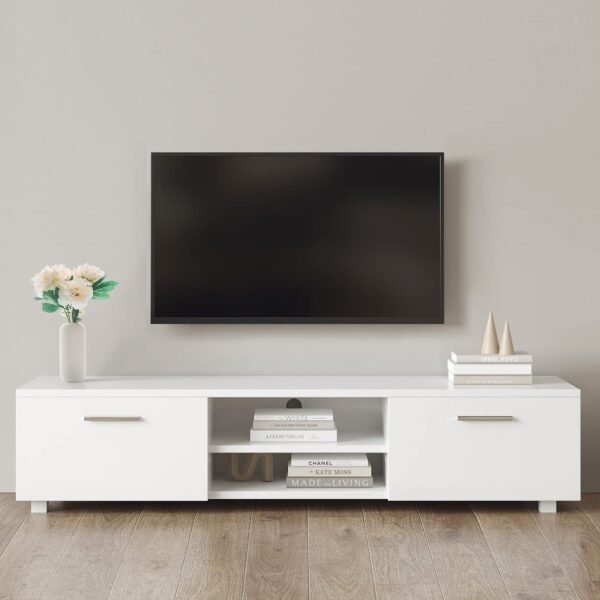 Engineered Wood Tv Stand For 55 60 65 70 Inch Tv Entertainment Center For Living Room Low Profile Tv Table Modern Tv Media Console With Storage Simple Tv Cabinet With Shelves (White)