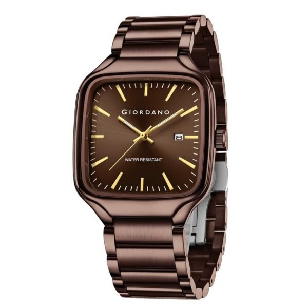 Giordano Analog Watch for Men – Square Dial, Stainless Steel Strap, Date Display, Water Resistant Classic Dress Watch
