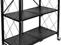 Gitesh Metal Kitchen Rolling Microwave Table on Wheels - Foldable Rolling Storage Table with Wheels -Metal Storage Rack - 3 Layer Kitchen Folding Utility Microwave Oven Stand