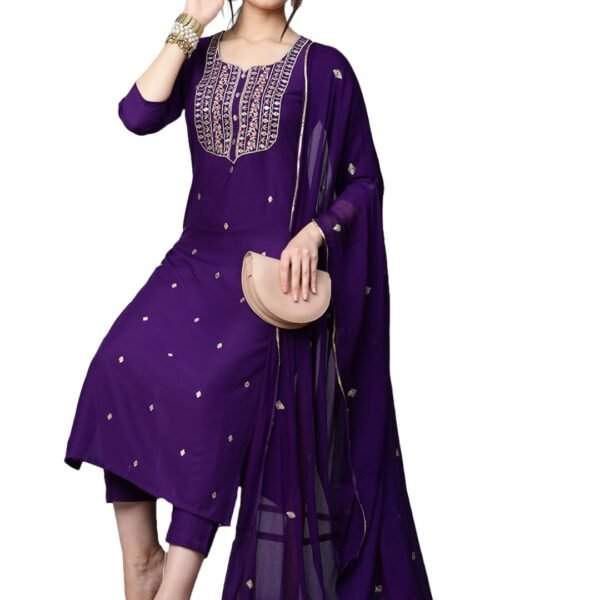 GoSriKi Women’s Cotton Blend Embroidered Kurta Set with Pant & Dupatta – Straight Calf‑Length, 3/4 Sleeve, Round Neck – Elegant Ethnic Attire (5 Colors, S–5XL)