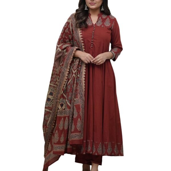 GoSriKi Women's Rayon Viscose Anarkali Printed Kurta Pant with Dupatta | Anarkali Kurta Set for Women | Flared Kurti Pant Set | Ethnic Printed Suit for Women