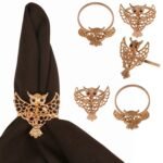 Gorgeous Finely Handcrafted Mesh Work Owl Motif Crystals Rhinestones Large Size Gold Color Party Dining Table Napkin Holders (Set of 6)
