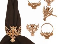 Gorgeous Finely Handcrafted Mesh Work Owl Motif Crystals Rhinestones Large Size Gold Color Party Dining Table Napkin Holders (Set of 6)