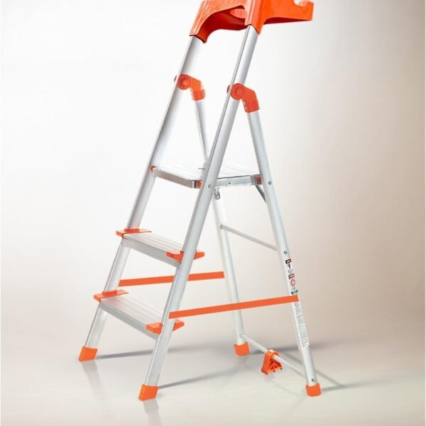 HOUZA Aluminium Ladder for Home 3 Steps Foldable with Tool Tray & Anti-Skid Wide Steps | Multi-Purpose Heavy Duty Ladder, Kitchen & Household | 250 Kg Load Capacity | 5 Year Warranty (Orange)