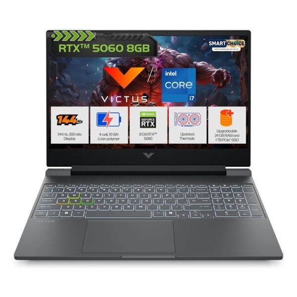 HP Smartchoice Victus, 13th Gen Intel Core i7-13620H, 8GB RTX 5050, 24GB DDR5(Upgradeable) 1TB SSD, 144Hz, 15.6''/39.6cm, Win11, Office24, Mica Silver, 2.3kg, fa2308, Xbox Gamepass*, RGB Gaming Laptop