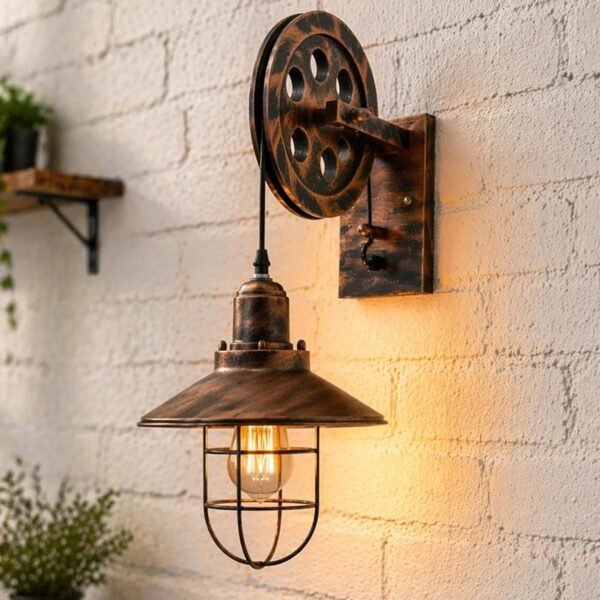 Homesake® Vintage Wall Lamp for Living Room Bedroom | Rustic Pulley Wall Sconce Light with Oil Rubbed Rust Finish | Farmhouse Metal Wall Light Fixture for Home Décor, Café & Dining Room, Copper