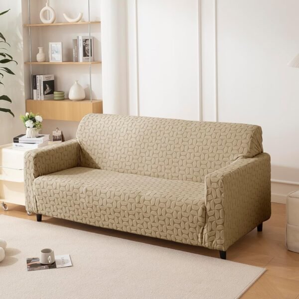 House of Quirk Universal Five Seater Jacquard Fabric Texture Sofa Cover 220 GSM Soft Touching Cover for Couch Flexible Stretch Sofa Slipcover (Camel, 300-350CM)