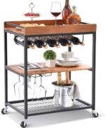 INDIAN DECOR 45171 Classic Wine Bar Cart, Home Bar Serving Carts on Wheels with Wine Rack/Glass Holder, 3 Tiers Kitchen Storage Cart Metal Trolley Industrial Brown 34.7H x 25.6L x 16.1W inches - Black