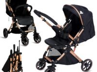 Infantso GlideX Premium Baby Stroller / Pram, Reversible Handle, One-Hand Fold and 360° Rotating Wheels, Travel Friendly, 5 Points Safety Harness, Extendable Canopy, Multilevel Recline, Adjustable Footrest, Easy Fold, Shock Absorption Wheels, for babies 0 to 3 years (GoldenBlack)