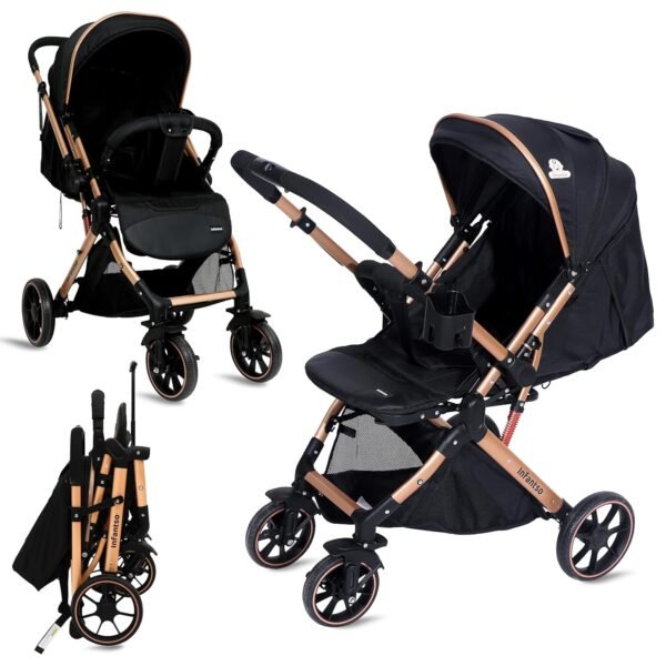 Infantso GlideX Premium Baby Stroller / Pram, Reversible Handle, One-Hand Fold and 360° Rotating Wheels, Travel Friendly, 5 Points Safety Harness, Extendable Canopy, Multilevel Recline, Adjustable Footrest, Easy Fold, Shock Absorption Wheels, for babies 0 to 3 years (GoldenBlack)