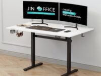 JIN OFFICE Octave Height Adjustable Table Electric | Sit Stand Desk, 2 Year Warranty, 80 Kg Wt. Cap| Standing Desk with Memory Preset, Cup Holder| Stability Crossbar| White 1500*750mm/25mm Thick Top