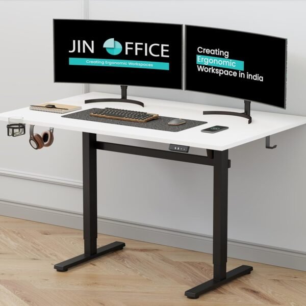 JIN OFFICE Octave Height Adjustable Table Electric | Sit Stand Desk, 2 Year Warranty, 80 Kg Wt. Cap| Standing Desk with Memory Preset, Cup Holder| Stability Crossbar| White 1500*750mm/25mm Thick Top