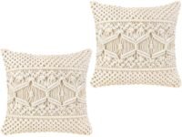 Kaahira Cotton Boho Macrame Decorative Cushion Cover 16x16 | Comfy Throw Pillow Cases for Sofa Couch Bed Living Room (Off-White) - 1 Pcs, 250 TC