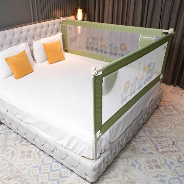 Kids Station Baby Bed Rail Guard for Toddlers Safety - Portable and Adjustable Height - Sturdy - See Through Mesh - Baby Safety Essential - 6.6ftx5ft or 200x150cm (2 Sides, Green, with Pocket)