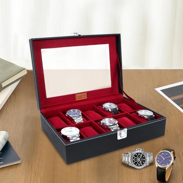 LEDO Leather Men's and Women's Watch Box Organizer Case In 10 Slots of watches In Black color (BlackandCherry)