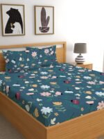 LOOMLYFE 300 TC Cotton Feel Glace Cotton Elastic Fitted Printed Queen Size Double Bed Bedsheet with 2 Pillow Covers Fits Upto 8 inches,Size- 60x78x10 Inches, Bluemultiflower