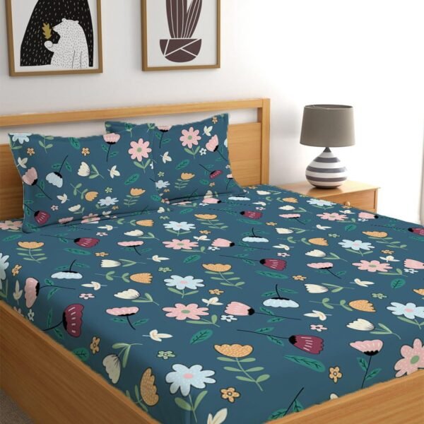 LOOMLYFE 300 TC Cotton Feel Glace Cotton Elastic Fitted Printed Queen Size Double Bed Bedsheet with 2 Pillow Covers Fits Upto 8 inches,Size- 60x78x10 Inches, Bluemultiflower