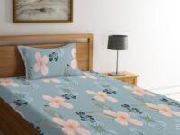 LOOMLYFE 300 TC Cotton Feel Glace Elastic Fitted Printed Single Bed Bedsheet with 1 Pillow Cover Fits Upto 6 Inches Mattress,Size- 42X75X8 Inches, Skypeachflower