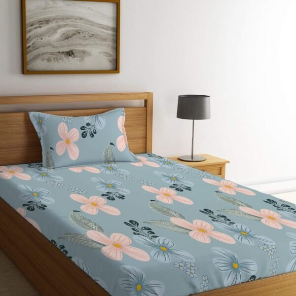 LOOMLYFE 300 TC Cotton Feel Glace Elastic Fitted Printed Single Bed Bedsheet with 1 Pillow Cover Fits Upto 6 Inches Mattress,Size- 42X75X8 Inches, Skypeachflower