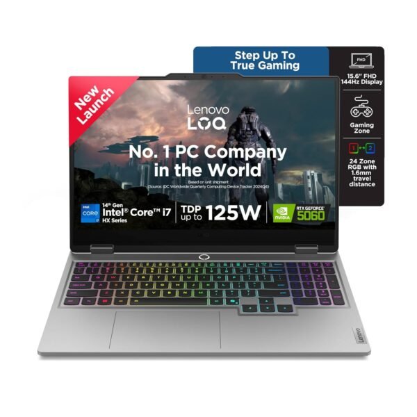 Lenovo LOQ, Intel Core i7 14th Gen 14700HX, NVIDIA RTX 5060 8GB, 16GB RAM, 1TB SSD, 15.6"(39.6cm), 144Hz, Windows 11, Office 2024, Grey, 2.4Kg, 83JE00U5IN, 572 AI Tops, 3 Mon. Game Pass Gaming Laptop
