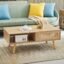 Mid Century Modern Coffee Table With Storage, 41.3 Inch Rectangle Wooden Accent Center Sofa Table With Sliding Pe Rattan Woven Door Panel&Solid Wood Legs, Suitable For Living Room, Apartment