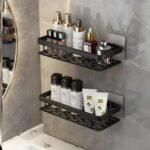 MorivaHomes Multipurpose Self-Adhesive Aluminium Bathroom Wall Mounted Storage Organiser Without Drill Shelf Holder/Rack/Bathroom Accessories (Pack of 2, Black)
