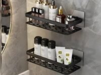 MorivaHomes Multipurpose Self-Adhesive Aluminium Bathroom Wall Mounted Storage Organiser Without Drill Shelf Holder/Rack/Bathroom Accessories (Pack of 2, Black)