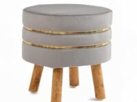 NACIA Velvet Upholstered Ottoman Stool with Wooden Legs | Round Pouffe Footrest Seat for Living Room Bedroom Balcony | Compact Foot Stool for Sitting Home Decor Furniture, 18 Inch (Grey, Set of 1)