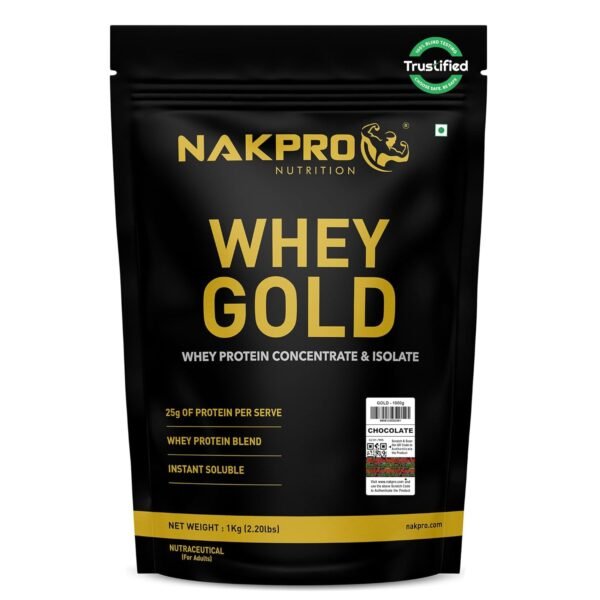 NAKPRO NUTRITION Gold Whey Protein Concentrate & Isolate 1kg Chocolate flavour | 25.5g Protein | Trustified Certified