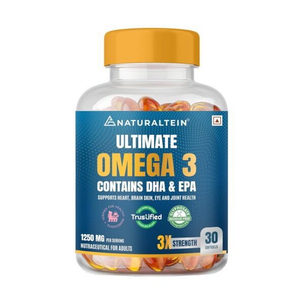 NATURALTEIN Omega-3 Fish Oil 1250mg Triple Strength Softgel Capsules | 450mg EPA & 300mg DHA in Triglyceride Form for Better Absorption | Heart, Brain, Eye & Joint Support | Glyphosate-Free | 30 Softgel Capsules | 30 Day Supply