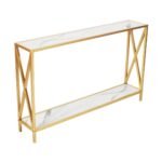 Nesfur Engineered Wood with Metal Base Console Table for Hall, Living Room, Bedroom, Balcony, Two Tier Console Table for Home Decor (Golden and Marble White)