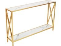 Nesfur Engineered Wood with Metal Base Console Table for Hall, Living Room, Bedroom, Balcony, Two Tier Console Table for Home Decor (Golden and Marble White)
