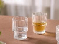 Nestasia Juice Glasses Set of 6 (200ml Each) - Thick Walled Stackable Ribbed Drinking Water Glass, Transparent Glass Tumblers for Cold Drinks, Mocktails & Daily Use