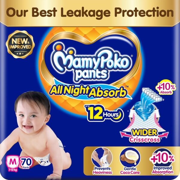 New Mamypoko Pants Premium All Night Absorb| Pant Style Baby Diapers Medium Size(M), 70 Count, Ideal for 7-12Kgs|1 Diaper= Upto All Night Absorption now with 10% increased power|Wider Crisscross Sheet|Gentle Coco Care| 12hr Leakage Protection| Prevents Heaviness.