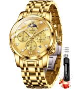OLEVS Chronograph Watches for Men Original Analog Quartz Black Stainless Steel Chain Luxury Dual Time Zone Moon Phase Date Waterproof Men's Wrist Watch