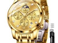 OLEVS Chronograph Watches for Men Original Analog Quartz Black Stainless Steel Chain Luxury Dual Time Zone Moon Phase Date Waterproof Men's Wrist Watch