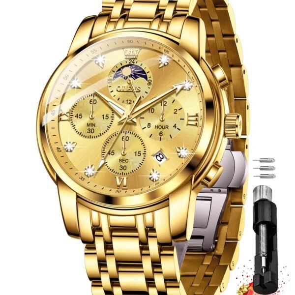 OLEVS Chronograph Watches for Men Original Analog Quartz Black Stainless Steel Chain Luxury Dual Time Zone Moon Phase Date Waterproof Men's Wrist Watch