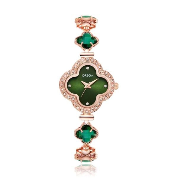 ORSGA Watch Bracelet Analog Clover Dial Wrist Watch for Ladies Luxury Diamond Stone Rose Gold Brass Strap Dress Watch for Women