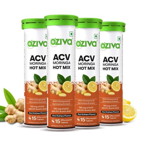 OZiva ACV Moringa Hot Mix | Control Cravings & Boost Metabolism | Apple Cider Vinegar, Gymnema, Cinnamon, Moringa | Desi Kahwa - 60 Effervscent Tablets. (Pack of 4)