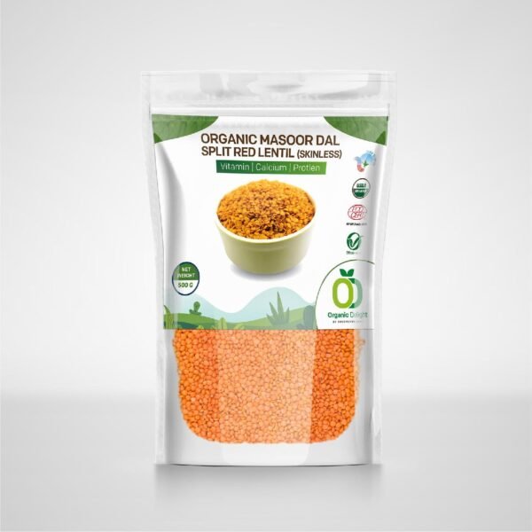 Organic Delight Masoor Dal/Natural Split Red Lentil, Rich in Protein & Vitamins, Minerals, Lal Masur Daal, USDA Certified High Fiber No Cholesterol (500g)