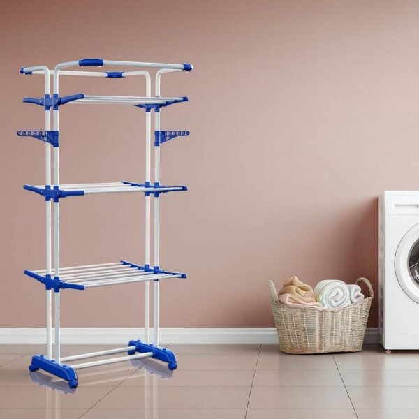 PARASNATH 3 Poll Steel Blue Colour Cloth Drying Stand Multiple Folding Arms, Castor Wheels with Brake, Special Epoxy Coated Pipes for Rust Resistance - 6 Year Manufacturer Warranty - Made in India