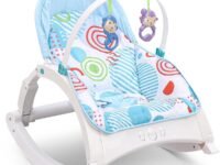 Play Nation Premium Newborn to Toddler Portable Baby Rocker with Music, Vibration & Toys | 3 Point Safety Harness (Newborn to Toddler Portable Baby Rocker - Light Blue)