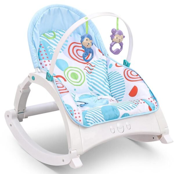 Play Nation Premium Newborn to Toddler Portable Baby Rocker with Music, Vibration & Toys | 3 Point Safety Harness (Newborn to Toddler Portable Baby Rocker - Light Blue)