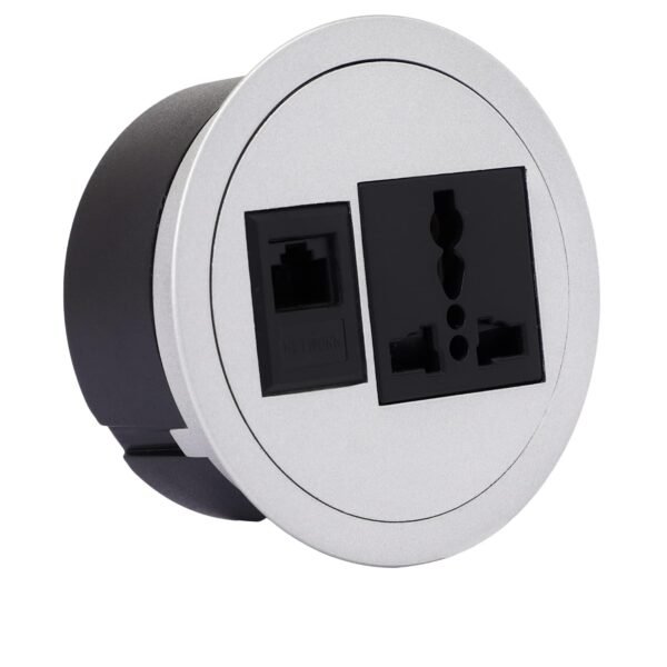 Power Grommet Socket with LAN Port for Desktop, Workstation, Computer, Desk/Table, Kitchen, Office, Home and More (Silver)